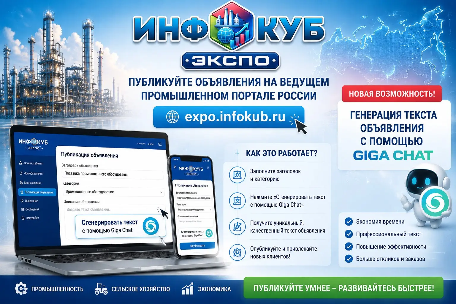ГигаЧат от Сбера интегрирован в ИнфоКуб ЭКСПО. Промышленный портал России для бизнес объявлений теперь с генерацией текста через GigaChat